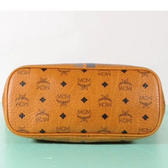 MCM Authentic Visetos  Shopper Tote Bag Yellow Gold Cognac Brown Blue Striped - Picture 7 of 16